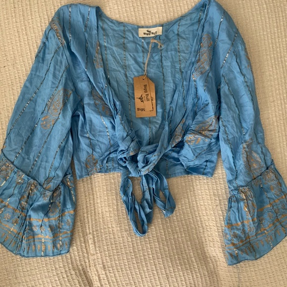 Tops - Bigg Bull Blue Boho Paisley Wrap Top Bell Sleeve Beach Cover Up NWT Vintage 70s